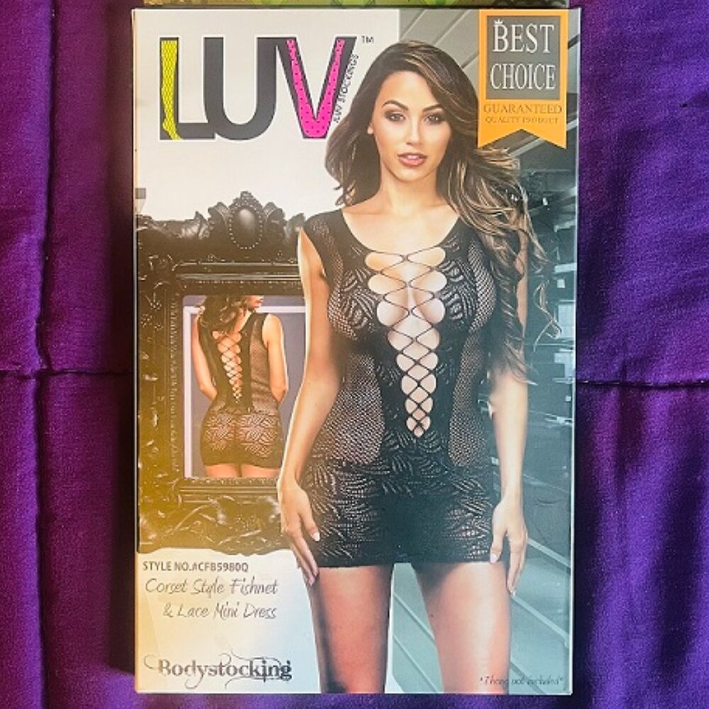 NBW Luv Stockings black fishnet and lace mini dress Queen Size